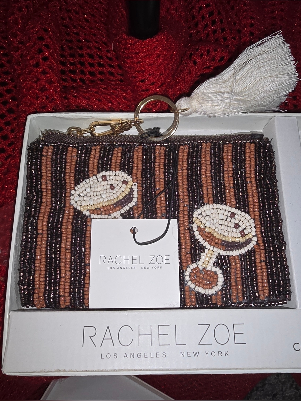 NWT Rachel Zoe Beaded Coin Pouch & Charm in Brown and Cream Martini - Picture 3 of 4
